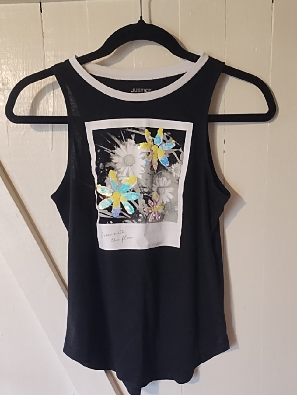 Justice Black Tank Top with Floral Sequin Accents EUC Large Girls.